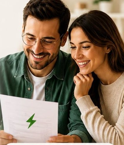 Un couple souriant consultant sa facture d'électricité à la maison